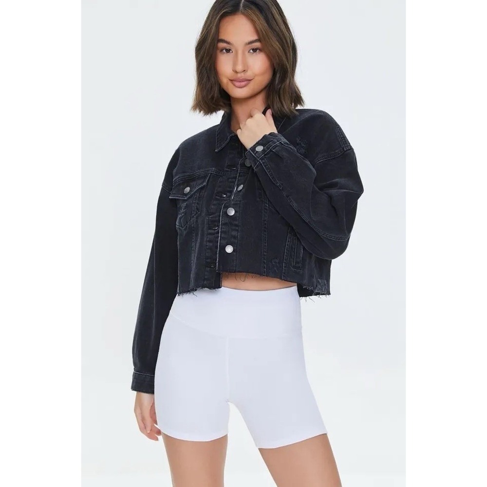 Forever 21 Womens Y2.k Jacket Black Size Medium Distressed Cropped Denim
